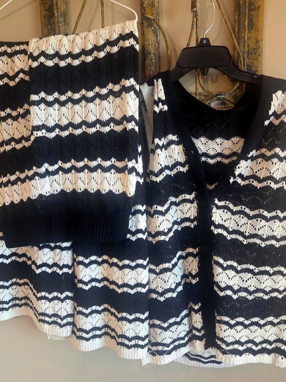 Striped Crochet Knit 3 Piece Set Vest Tank Wide Leg Pants Black White S